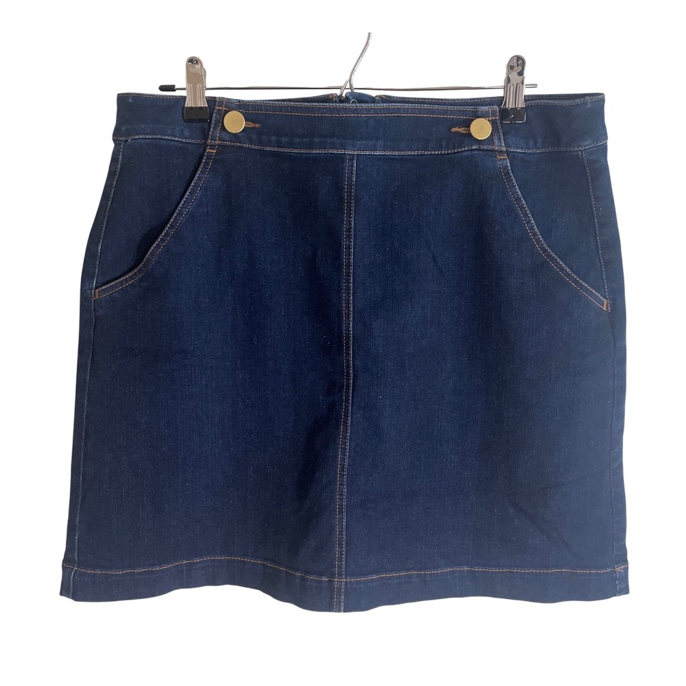 Loft Skirt Women 12 Dark Wash Denim Mini A-Line Gold Zip Pockets Casual Classic